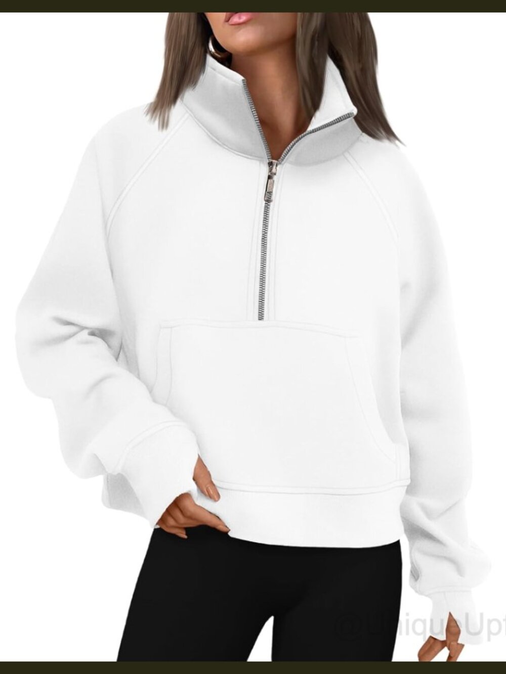 Half Zip Fleece Pullover Sweatshirt Kangaroo Pocket Thumbholes Oversized